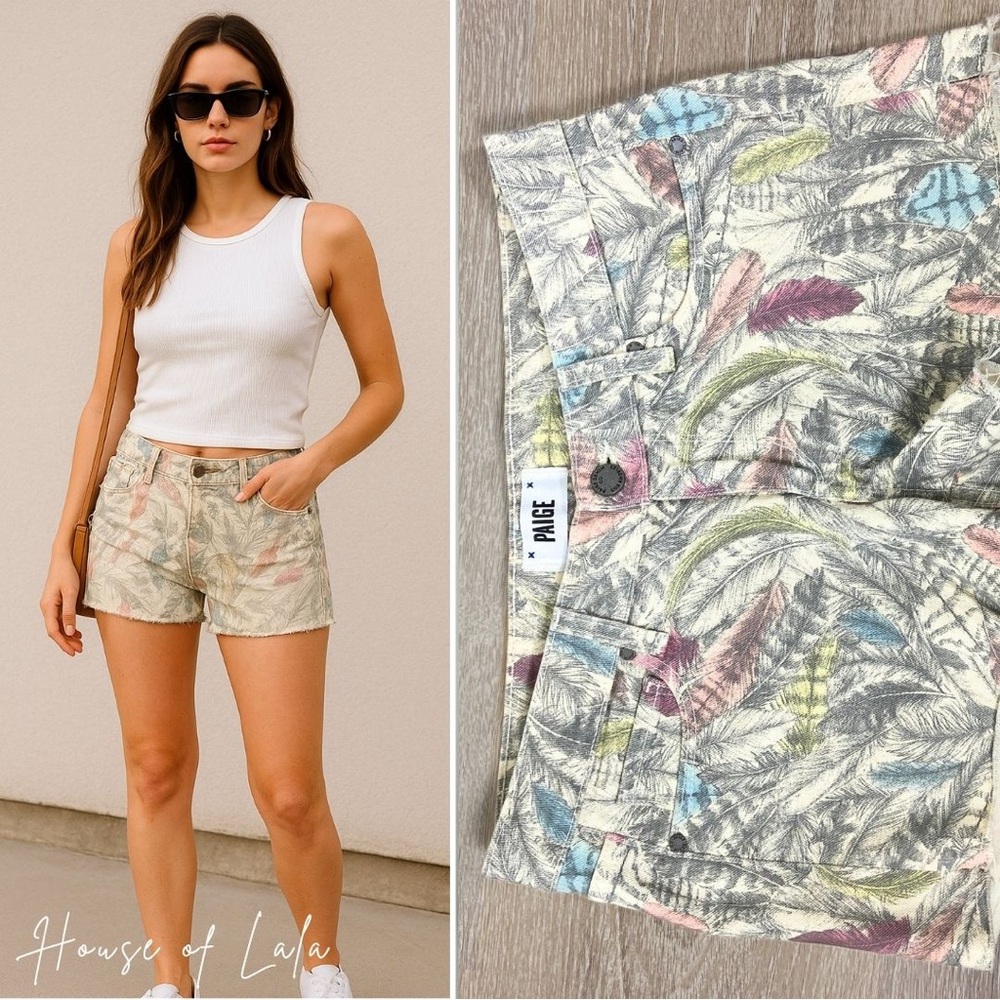 PAIGE Women's Cut Off Denim Pastel Patterned Jean Shorts. Coastal Vacation
